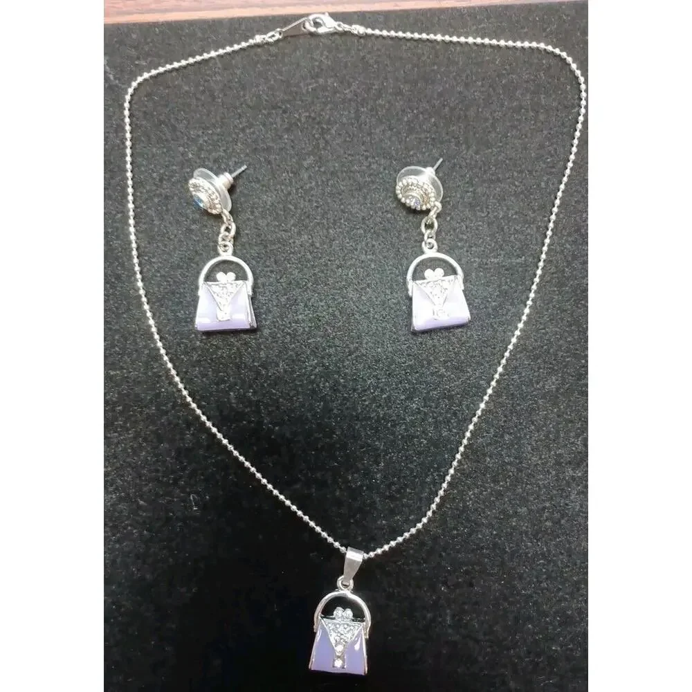 Purple Purse Charm Necklace Matching Earrings Bling Shopping Fun Pierced - Picture 4 of 6